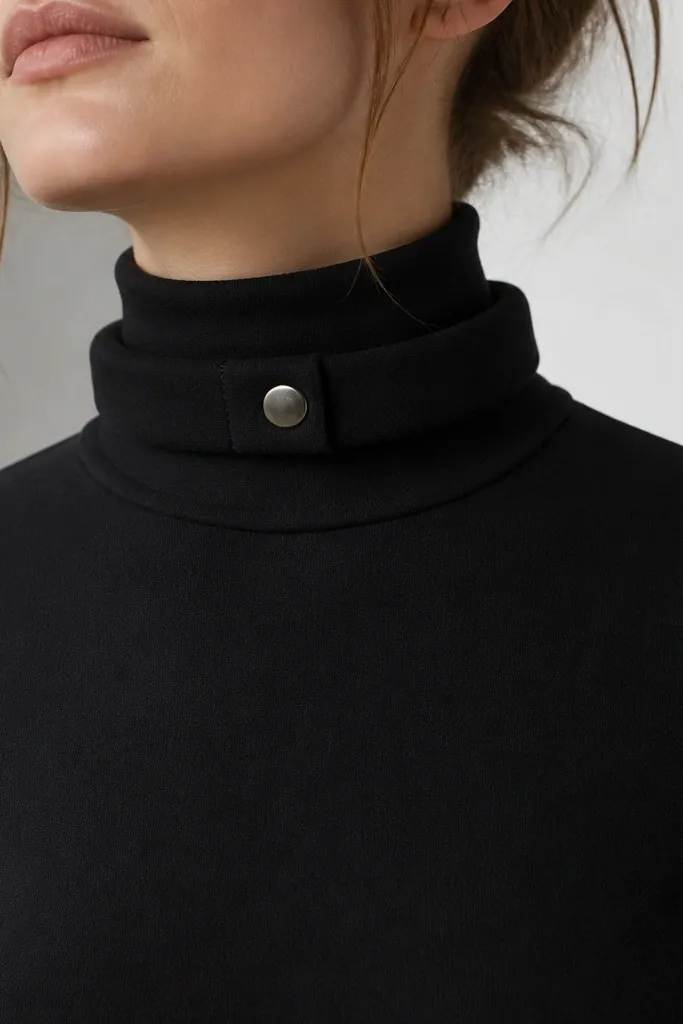 A black turtleneck with a thick fabric tube choker wrapped snugly at the neck, with a single metal snap closure in front and small stitched lines.