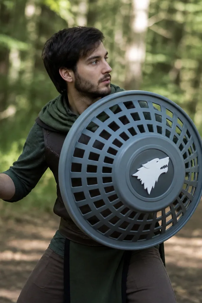 A person wearing a lightweight shield made from a plastic laundry basket painted matte gray, held with an elastic strap, with a foam emblem sticker on the center.