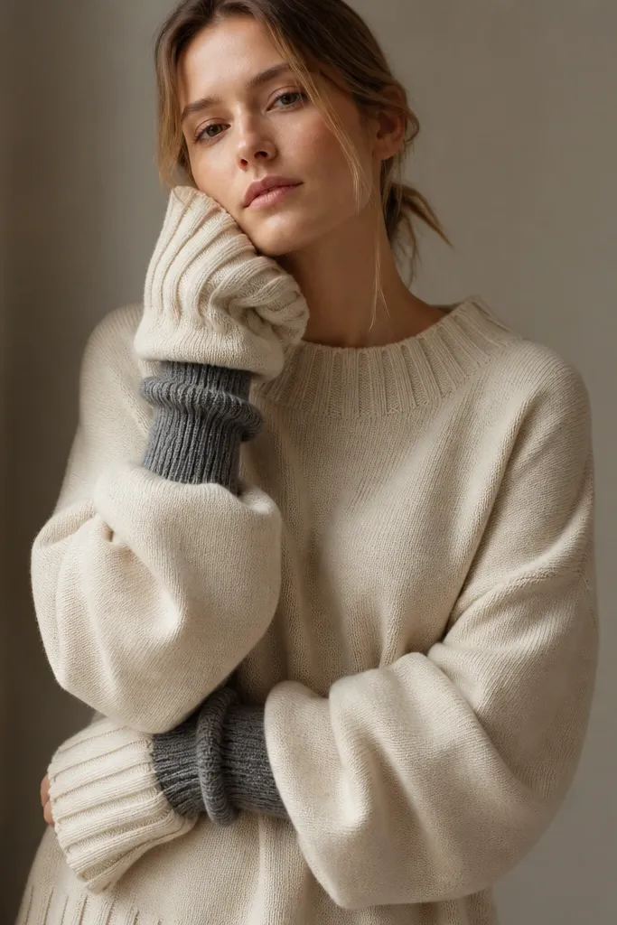 A cozy sweater with two oversized cuff pieces made from the sweater sleeves, stacked and gathered at the wrist, with contrasting knit bands.