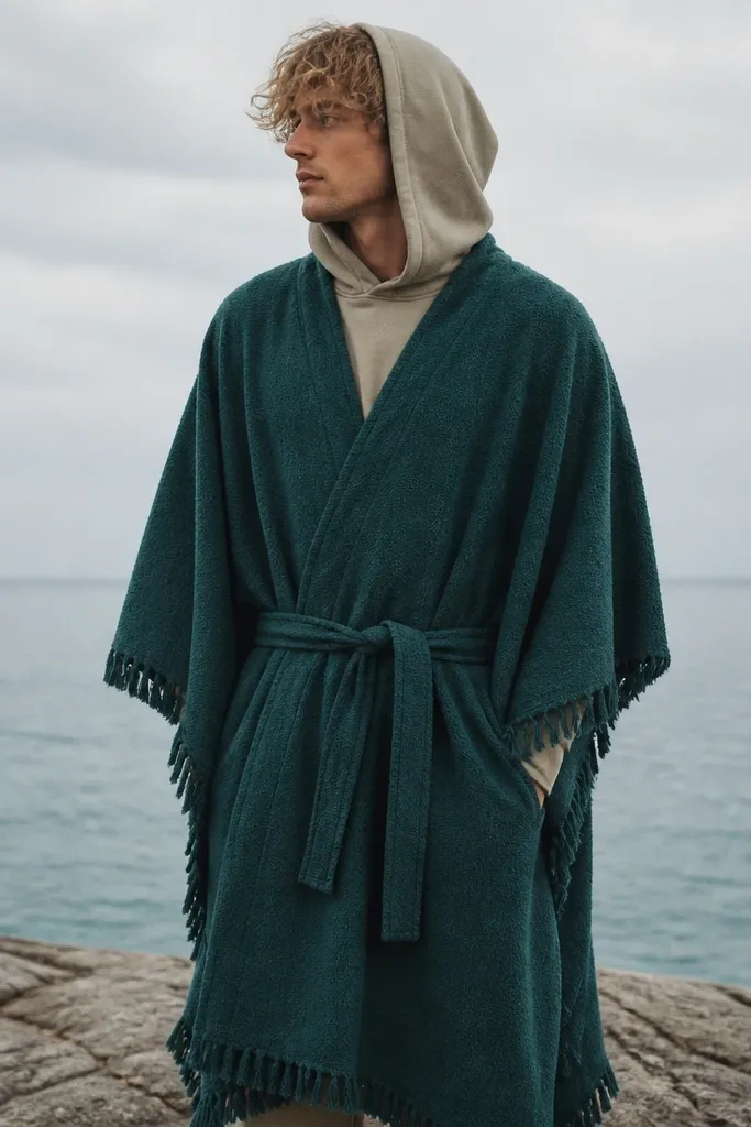 A towel poncho draped over a hoodie, with a fringed edge and a tied belt made from the towel's own fabric; the towel is dyed deep teal.