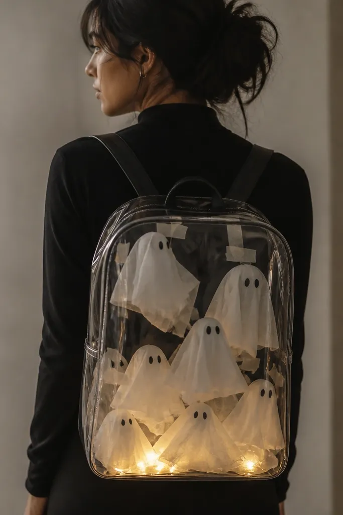 A clear tote bag worn like a backpack over a black outfit, with white tissue-paper "ghost" shapes taped inside and a small battery LED light glowing at the bottom.