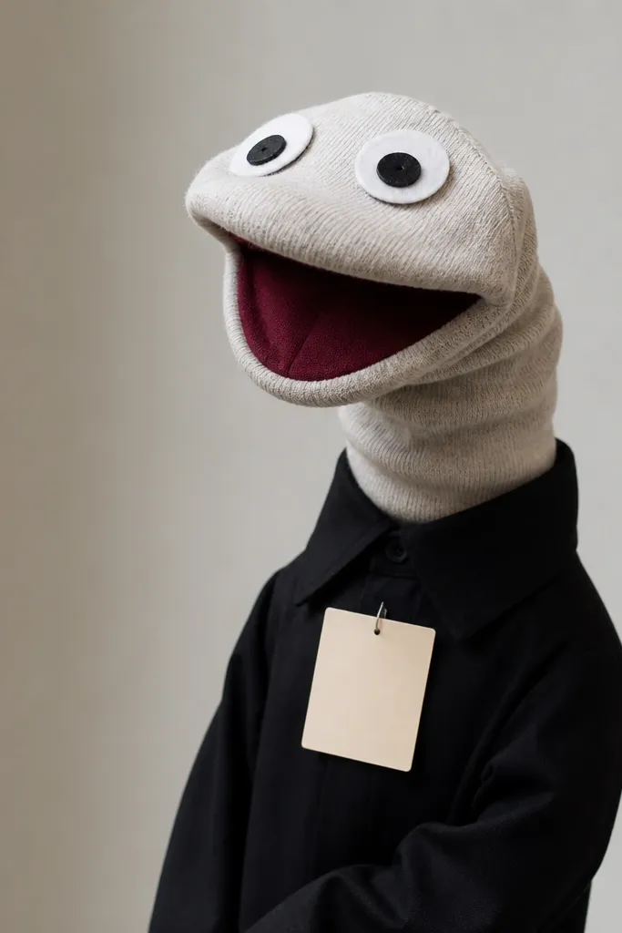 A handmade sock puppet with felt eyes and a fabric mouth, worn by one hand, paired with a simple black outfit and a small "playbill" card pinned to the chest.