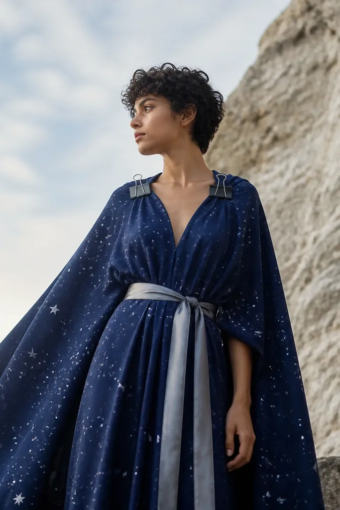 A person wearing a deep navy cape made from a thrifted bedsheet, with star dots painted in white and silver. The cape has a simple V-neck opening and is held at the shoulders with two black binder clips. A silver satin belt sits at the waist.
