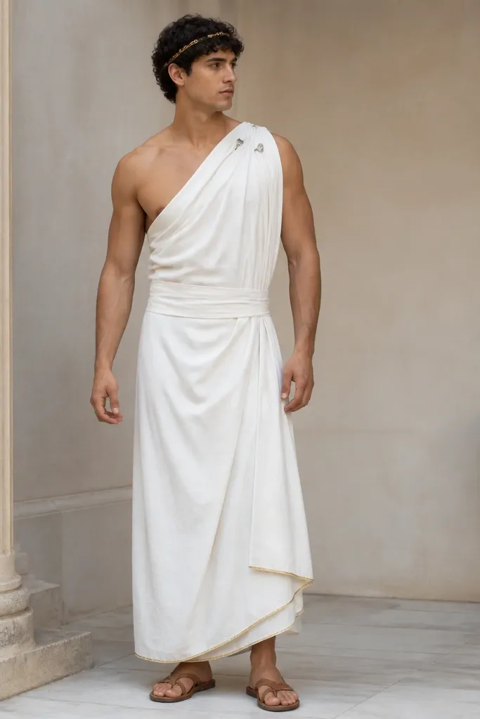 A white curtain-panel toga wrapped around the waist and over one shoulder, pinned with two silver safety pins at the upper chest. The fabric has light wrinkles and a subtle golden trim at the hem. The person wears a simple gold headband and flat sandals.