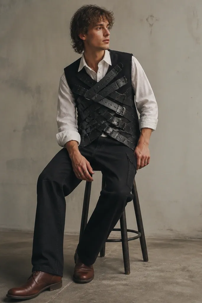A black vest made from a thrifted denim jacket with overlapping belt strips painted gunmetal. Each belt piece is attached with small Velcro squares. The person has a white shirt underneath and wears brown boots.