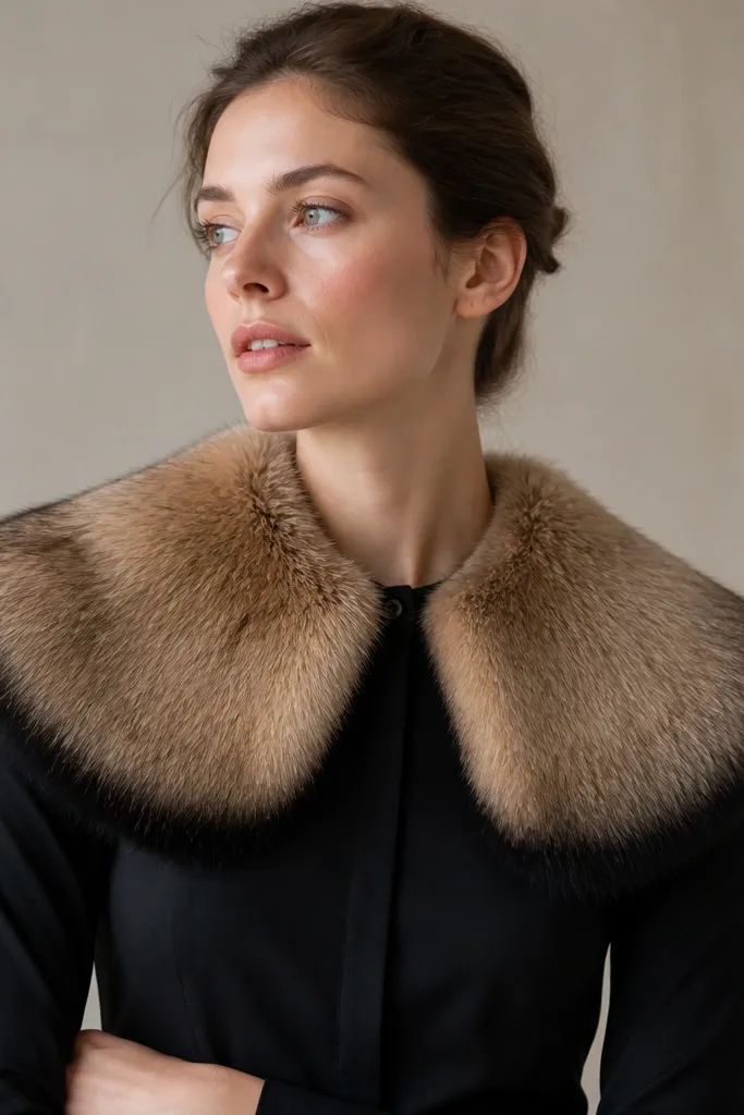 A faux fur collar attached to a black long-sleeve shirt using small snaps at the center front. The collar looks like a dramatic capelet around the neck, with a soft round shape and darker fur at the edges.