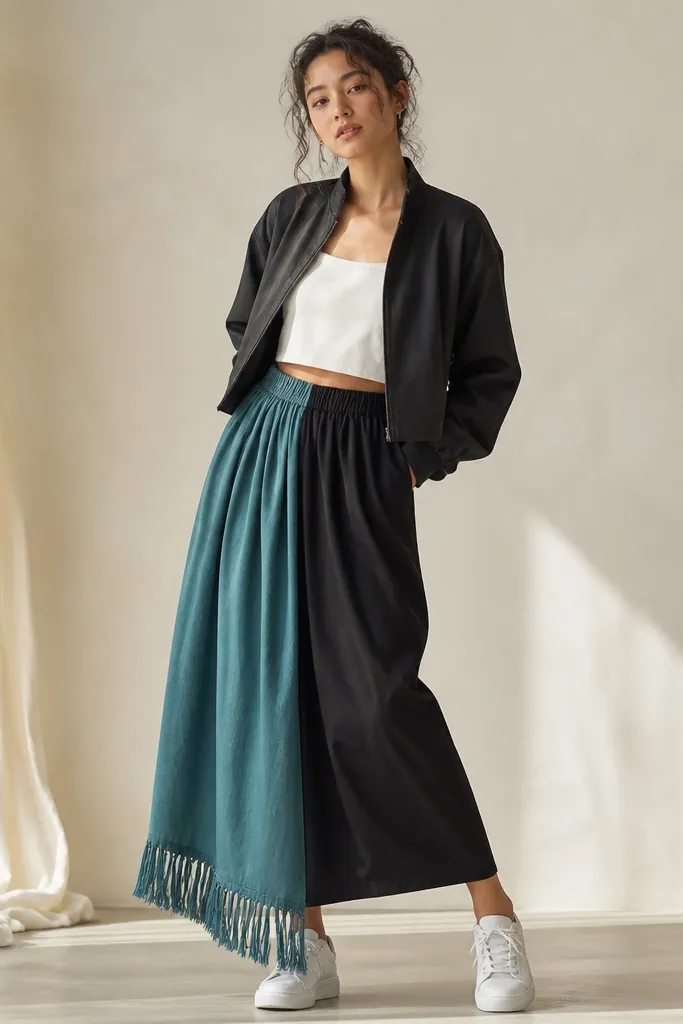 A two-tone skirt made from a sheet: one side is teal with fringe at the hem, the other side is black. The waist is gathered with a wide elastic band. The person wears it with a cropped jacket and sneakers.