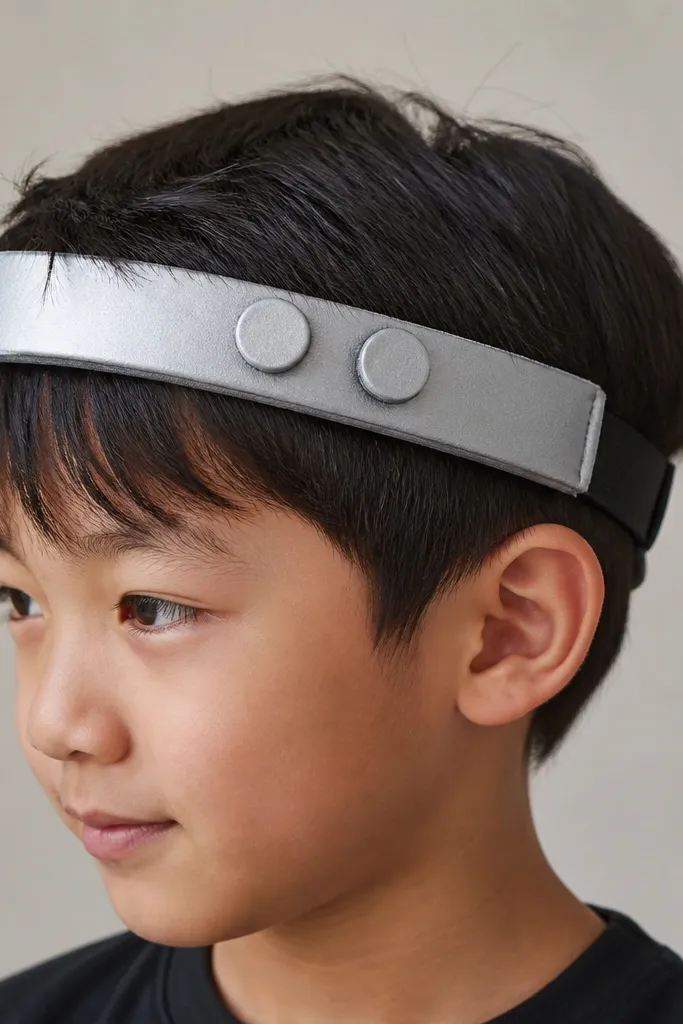 A low robot headband made from covered cardboard strips painted silver. The strips sit on a fabric black headband base. There are two small circular "eyes" made from foam circles. Hot glue is sealed with fabric tape to hide the shine.