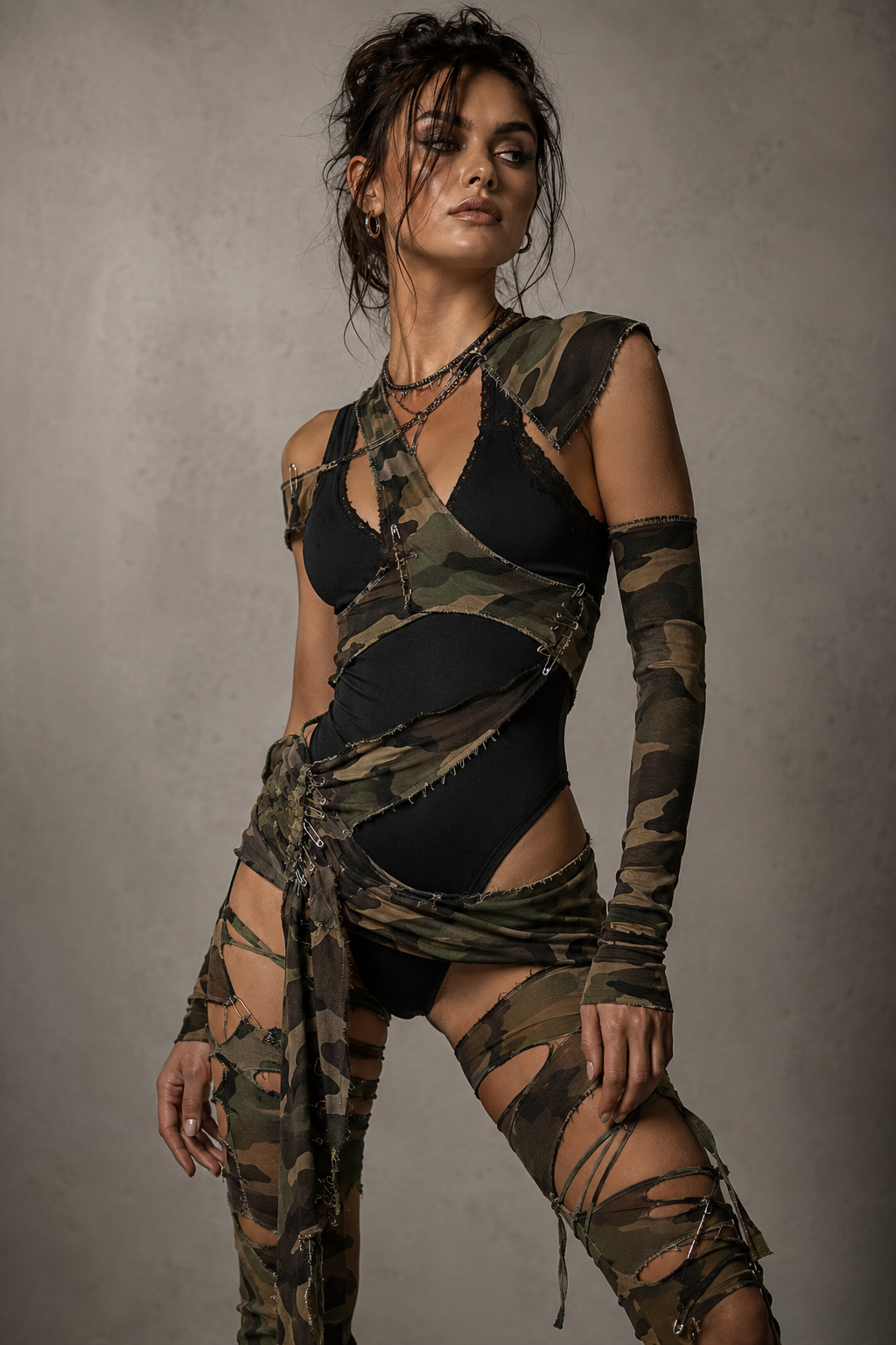A bodysuit with a camo overlay made from repurposed tights. The overlay forms irregular panels across the torso with small knots and a draped effect. The person wears it with green boots.