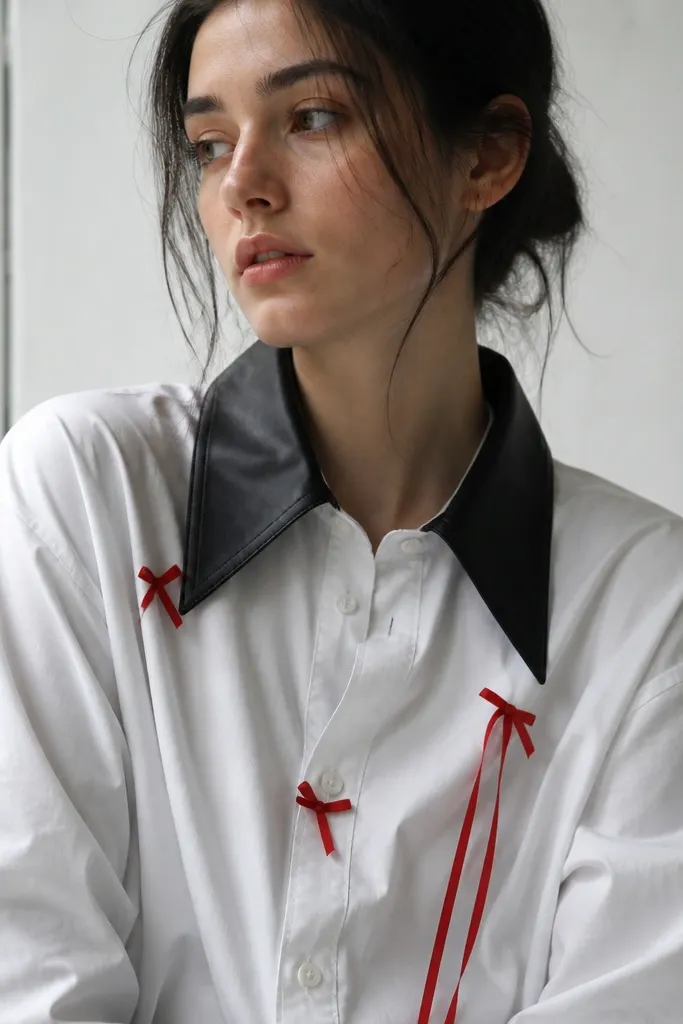 A thrifted white button-down with a dramatic black faux-leather collar and small red ribbon details. The collar attaches with Velcro inside the neckline. The shirt looks like it's been customized without sewing everywhere.