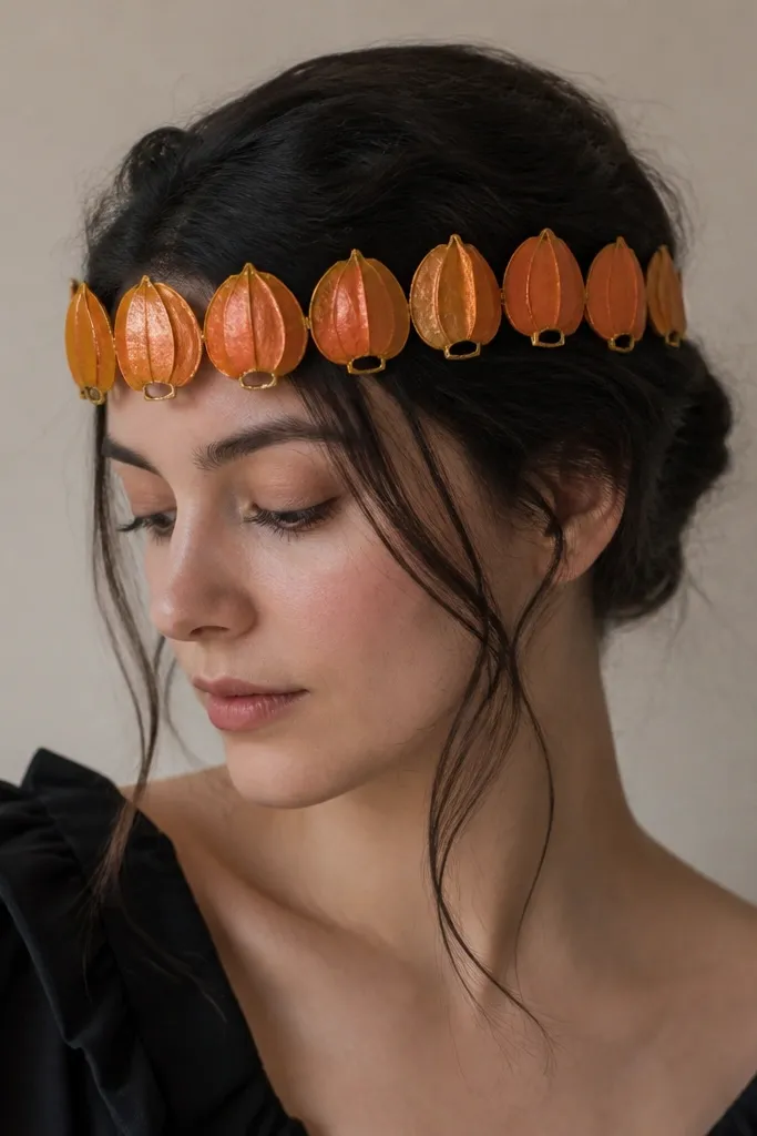 A head diadem made from repeated small lantern shapes cut from brown grocery bags, painted orange and gold. The lanterns line up across the forehead with a simple elastic backing. The person wears it with a black dress.