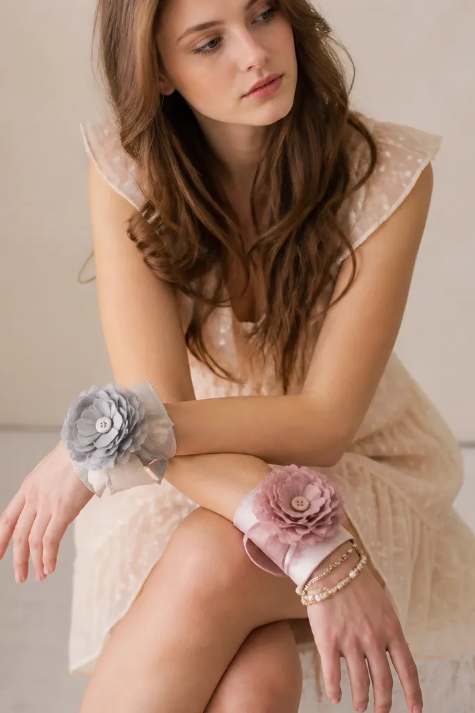 Two wrist cuffs made from folded socks wrapped with ribbon. Each cuff has large fabric flowers attached on top, with a small center made from a button. The person wears them with a short dress and bracelets.