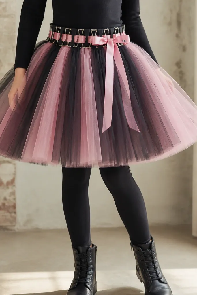 A fluffy tulle skirt in pink and black layers attached to a waistband made from a row of paper clips and ribbon. The waistband sits over leggings. The skirt has a soft, even flare.