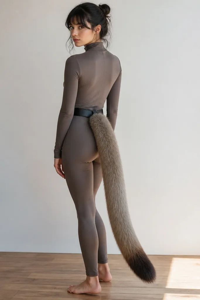 A long tail attached with a belt. The tail is made from a rug scrap with thick faux fur, stitched to a foam core. It curves slightly and has a darker tip. The person wears it with a fitted bodysuit.