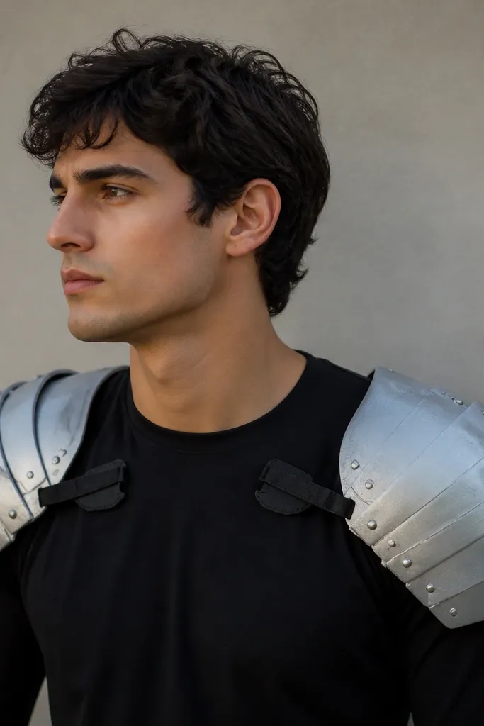 Shoulder armor made from cut clear plastic bottles painted matte silver. The pieces sit over a black shirt and are held by fabric straps with Velcro. There are small rivet-like dots made from paint.