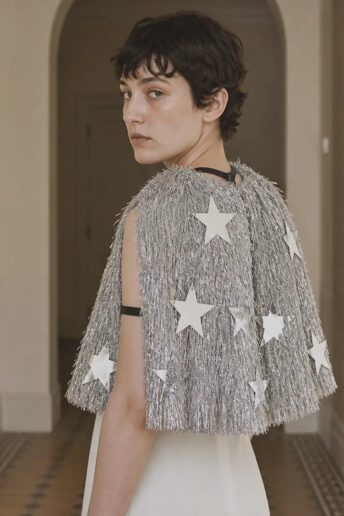 A person stands in a hallway wearing a short cape made from silver tinsel-like fabric with five-point star shapes cut from shiny foil board, attached around the shoulders. The cape is held with two black elastic loops at the neck and upper arms.