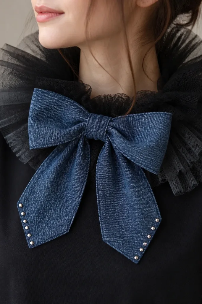Close-up of a black t-shirt with a large denim bowtie at the chest and a layered tulle collar that sits like a ruffle around the neck. The tulle is black and dark gray, with tiny silver studs on the bowtie tips.