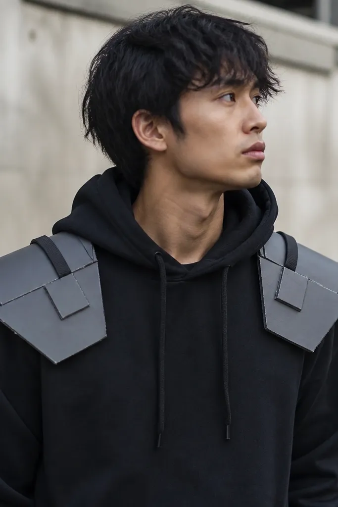 A person wears a black hoodie with chunky shoulder armor pads. The pads are made from flattened cardboard painted matte gunmetal, with a few raised rectangles and a strap made from elastic across the top.