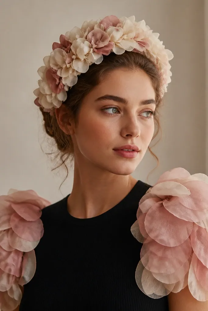 A wide headband covered in layered fabric petals in cream and dusty pink. The outfit includes translucent petal sleeves made from organza layered over a fitted black top.