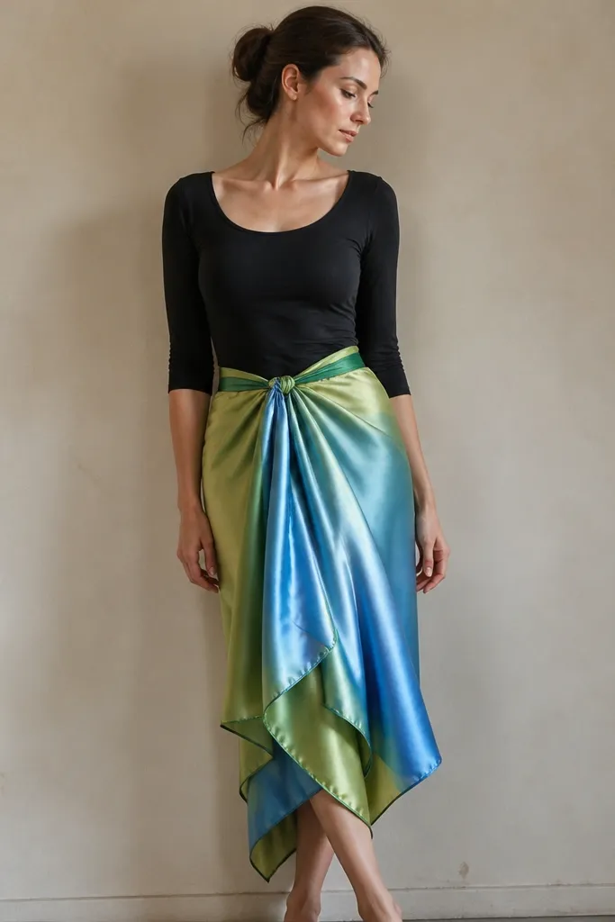 A person wearing a fitted black top with a mermaid tail made from two long satin scarves. The scarves are tied and gathered at the waist with a green elastic belt and fall in layered waves to mid-calf.