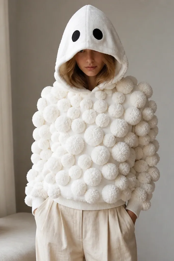 A white hoodie covered in soft pom-poms shaped like a ghost. The hood has two small black eyes made from felt, and the pom-poms are clustered densely on the torso.