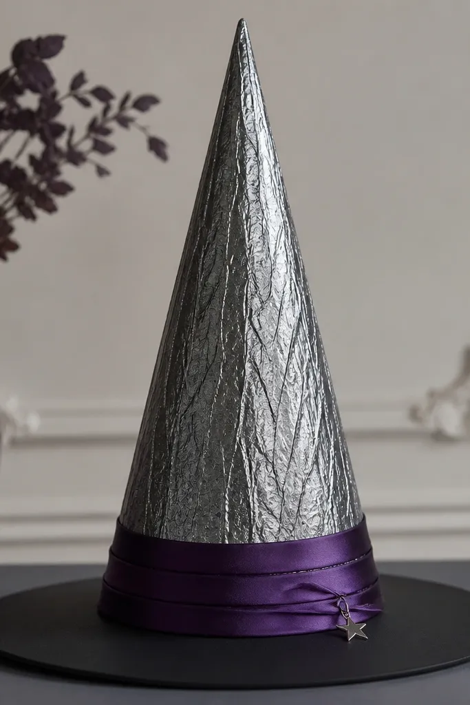 A tall witch hat made from a black paper cone covered with crinkled silver foil curtain. The base has three stacked bands in purple satin and a tiny star charm near the brim.