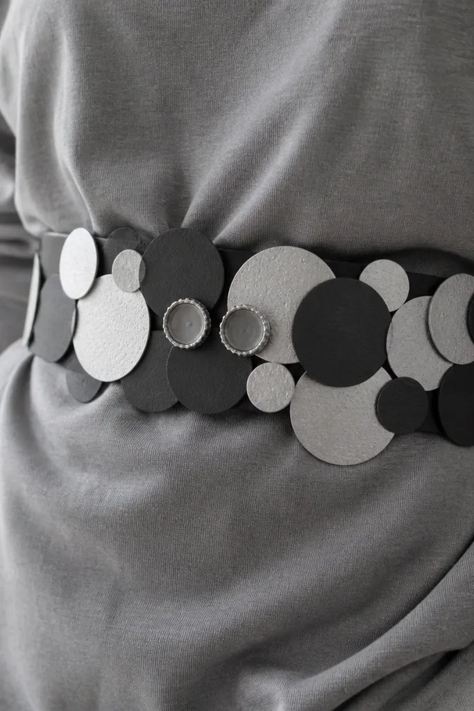 A black belt worn over a gray top, covered with round card stock medallions painted silver and matte black. There are two small "buttons" made from bottle caps at the center.