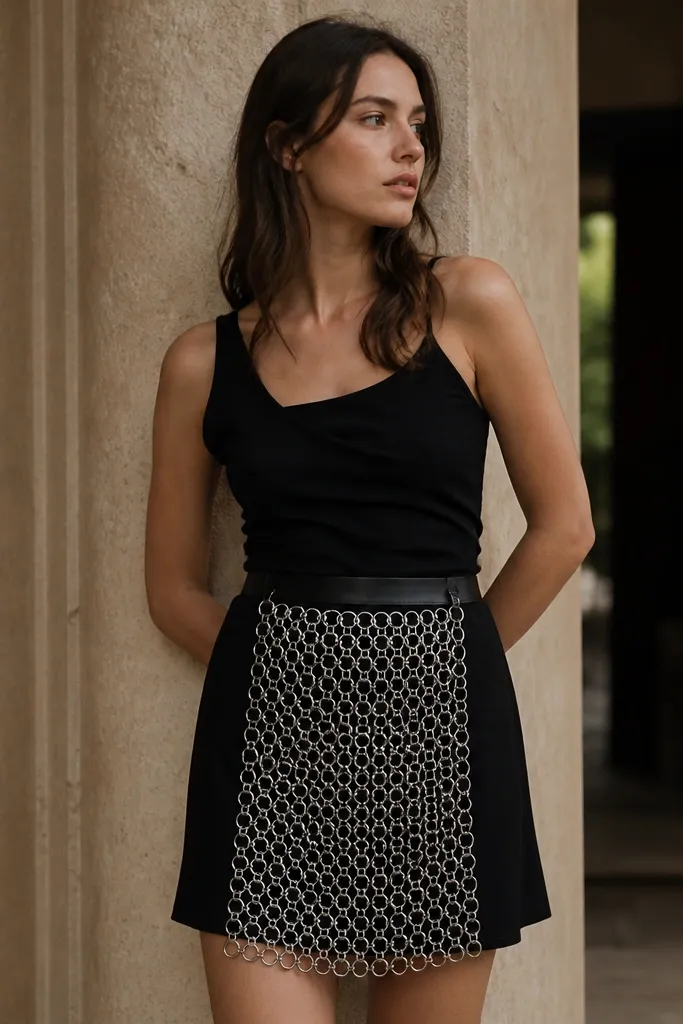 A person wearing a simple black skirt with a chainmail-looking panel attached to the front. The panel is made from small silver curtain rings connected in rows, with a black waistband strap.