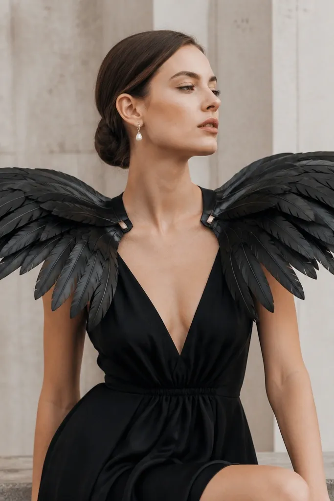 A person wearing a black dress with large feather fans at both shoulders. Each fan is built from layered plastic feather pieces attached to a curved foam board and clipped to a small collar strap.