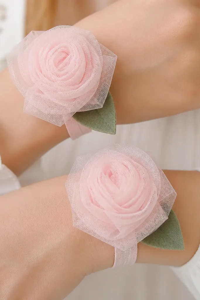 A close-up of two wrists wearing rose-like tulle corsages. Each rose is made from rolled layers of pale pink tulle with a small green felt leaf at the base, secured by elastic.