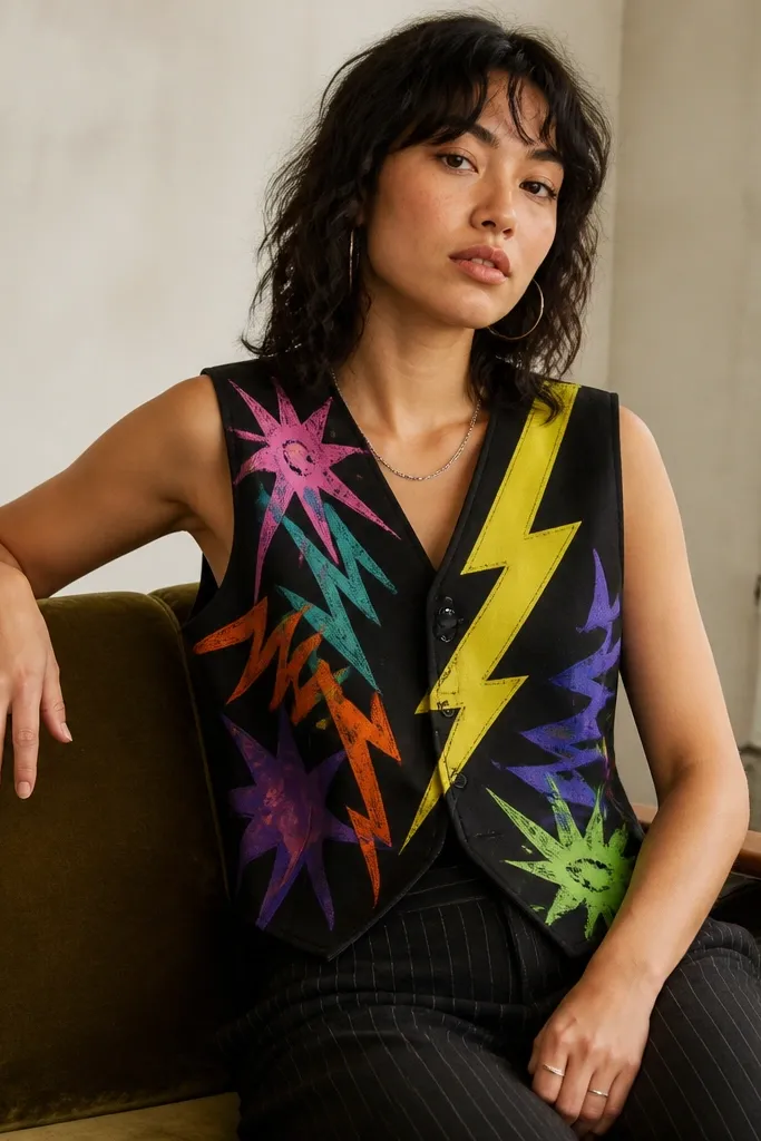 A thrifted vest painted with fabric markers in graffiti-style shapes on two front panels. The vest has clean black edges and one large painted lightning bolt across the chest.
