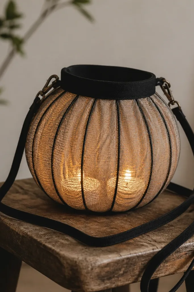 A small crossbody bag made from a paper lantern shape with a black fabric rim. Inside are two warm LED tea lights casting a glow through a mesh-like outer layer.