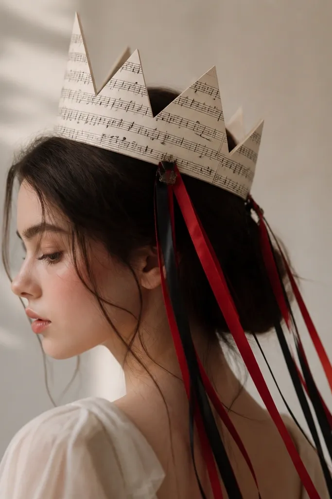 A paper crown made from sheet music pages, folded into triangular peaks. It has clip-on ribbons in red and black that hang down the sides and sway when the person moves.