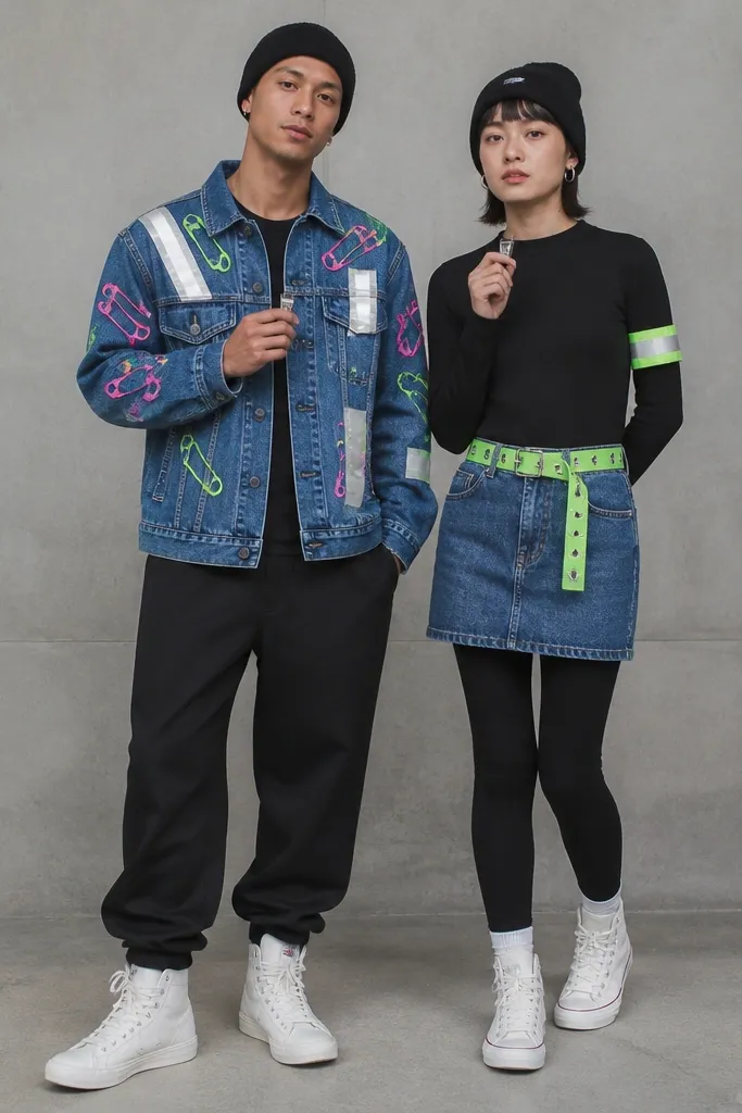 Two people posed side by side. One wears a thrift denim jacket covered in neon pink and lime safety-pin style patches and reflective tape strips. The other wears a thrift denim skirt layered over dark leggings with a neon-green belt and a matching reflective armband. Both have black beanies and white high-top sneakers; their hands hold small thrift-store whistles.