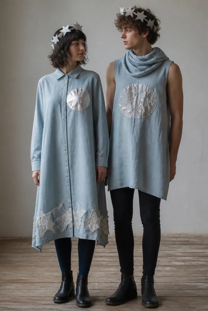 A couple wearing matching outfits made from a faded blue bedsheet. The first wears a long shirt-dress with a hemline covered in stitched star map scraps, and the second wears a sleeveless tunic with a layered scarf collar. Both have silver duct-tape "planet" circles on their chests and dark leggings. They wear black ankle boots and have paper star crowns.