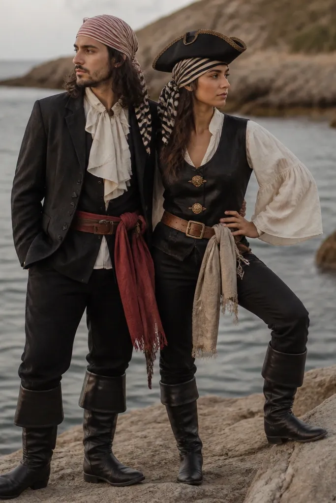 A couple in coordinated pirate outfits. One wears a thrift black suit jacket with a red sash and a white ruffled shirt collar made from a thrift scarf. The other wears a thrift vest with gold fabric buttons and a homemade tricorn hat with a stiffened brim. Both have striped bandanas, small leather belts, and black boots.