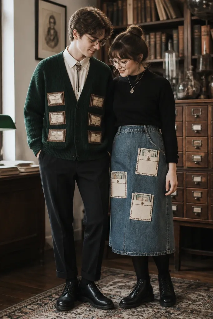 A couple dressed as a librarian witch duo. One wears a dark green cardigan over a white blouse and has handmade card catalog label pockets sewn onto the front. The other wears a long denim skirt with stitched pocket squares labeled with "spells" written in typewriter font. Both wear round glasses, black tights, and low boots.