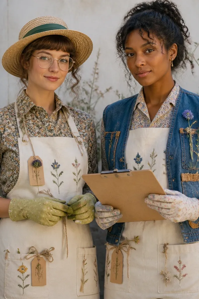 Two people in matching garden detective outfits. Each wears a thrift white apron over a patterned blouse, with stitched floral motifs and small "evidence" tags attached to twine. One has a straw hat with a green ribbon; the other has a denim vest with patch pockets. They stand holding tiny gardening gloves and a clipboard made from cardboard.
