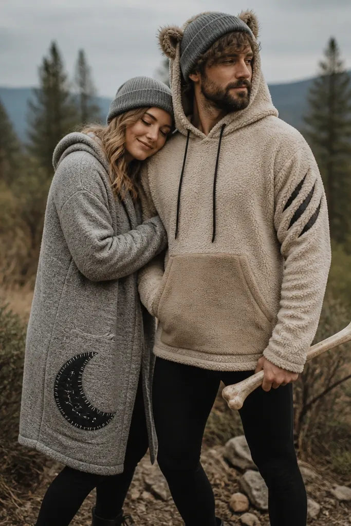 A couple in warm thrift textures. One wears a sherpa hoodie with fake fur ears and a stitched claw-mark panel on the sleeve. The other wears a long gray cardigan with a stitched crescent moon patch made from felt and reflective thread. Both wear black leggings and gray beanies; the werewolf holds a faux bone prop.