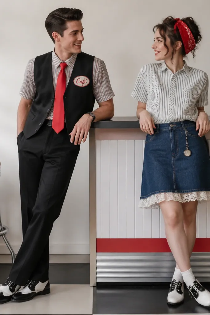 A couple in retro diner outfits. Each has a thrift striped button-down shirt. The first has a red paper-roller tie and a black vest with a stitched "Café" sign. The second has a red bandana headband, a denim skirt with a white lace trim, and a small pocket watch chain. They wear saddle shoes and lean on a small cardboard diner counter prop.