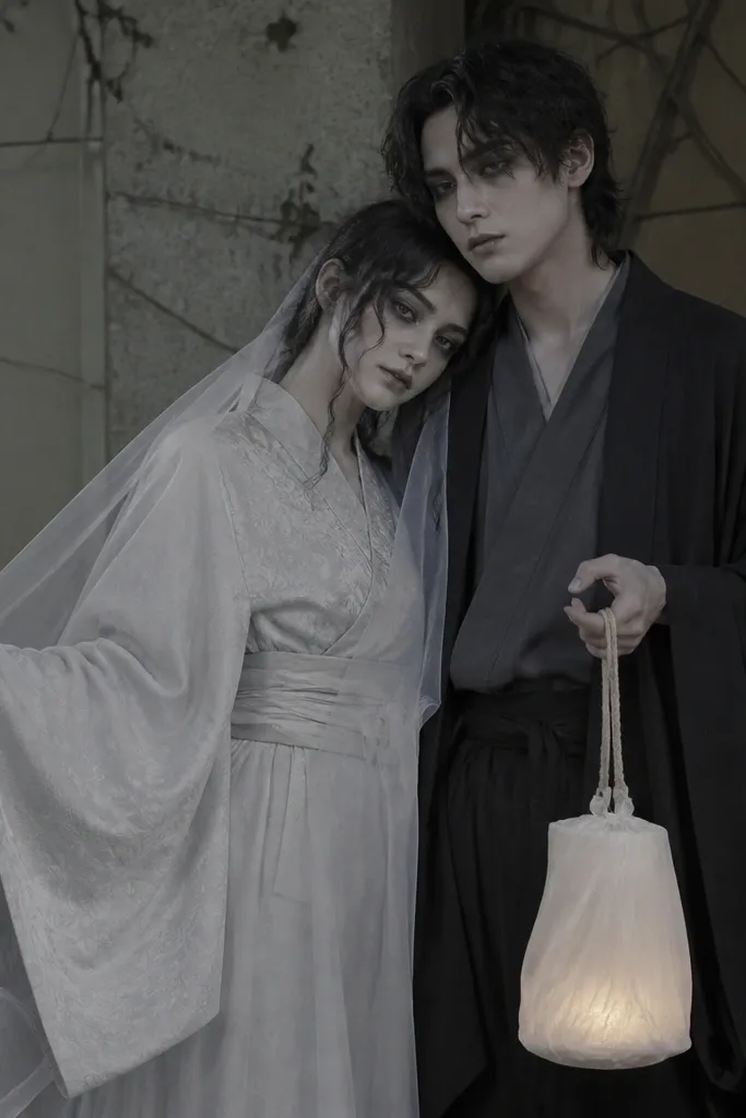 A couple with a spooky-cute look. One wears a thrift kimono in pale gray with wide sleeves, and the ghost effect comes from thin white tulle draped from the shoulders. The other holds a lantern made from a paper bag wrapped in translucent fabric with a battery tea light inside. Both have face makeup with subtle gray shading and dark eyeliner.