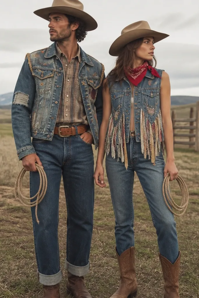 A couple in Western thrift outfits. The cowboy wears a thrift leather belt layered over a plaid shirt and a patched denim jacket with rope trim on the shoulders. The cowgirl wears a denim vest with fringe made from thrift fabric strips and a red bandana tied at the neck. Both have cowboy hats and boots; their hands hold small rope loops.