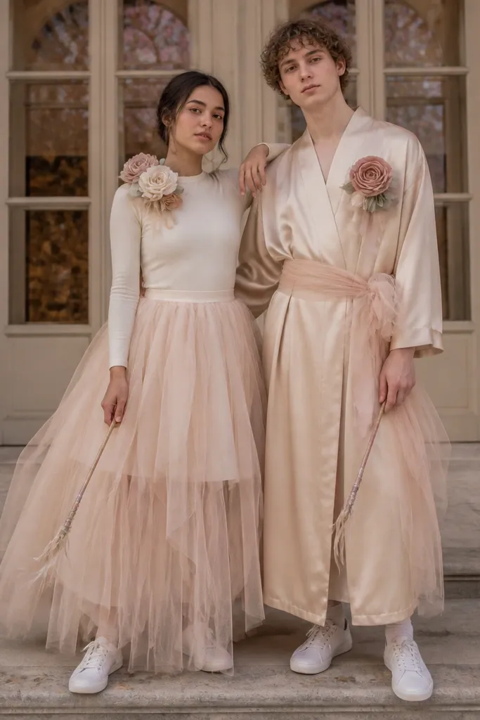 A couple dressed in fairytale tones. One wears a thrift tulle skirt layered over a fitted long-sleeve top and has fabric flower corsages pinned to the shoulder. The other wears a satin-like thrift robe with a tulle sash and a matching flower corsage on the chest. They wear white sneakers and have small wand props made from dowels wrapped in ribbon.