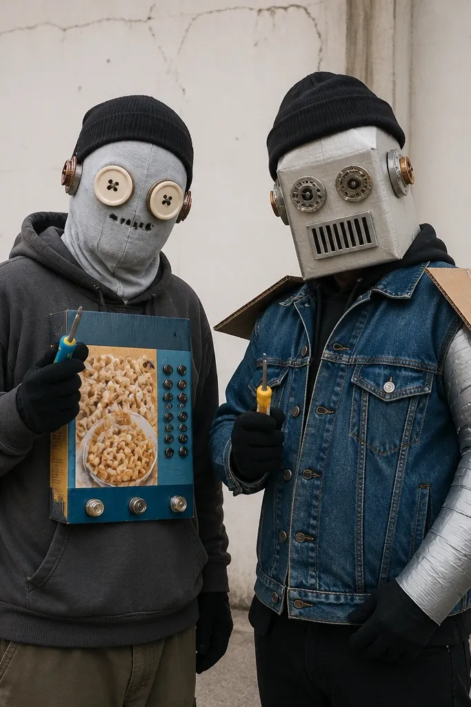 Two people in robot costumes made from thrift clothing. One wears a hoodie with cereal box paneling on the chest and two large button eyes. The other wears a denim jacket with cardboard shoulder plates and a silver duct-tape "arm." Both have black gloves and beanies; they hold a small toy screwdriver.