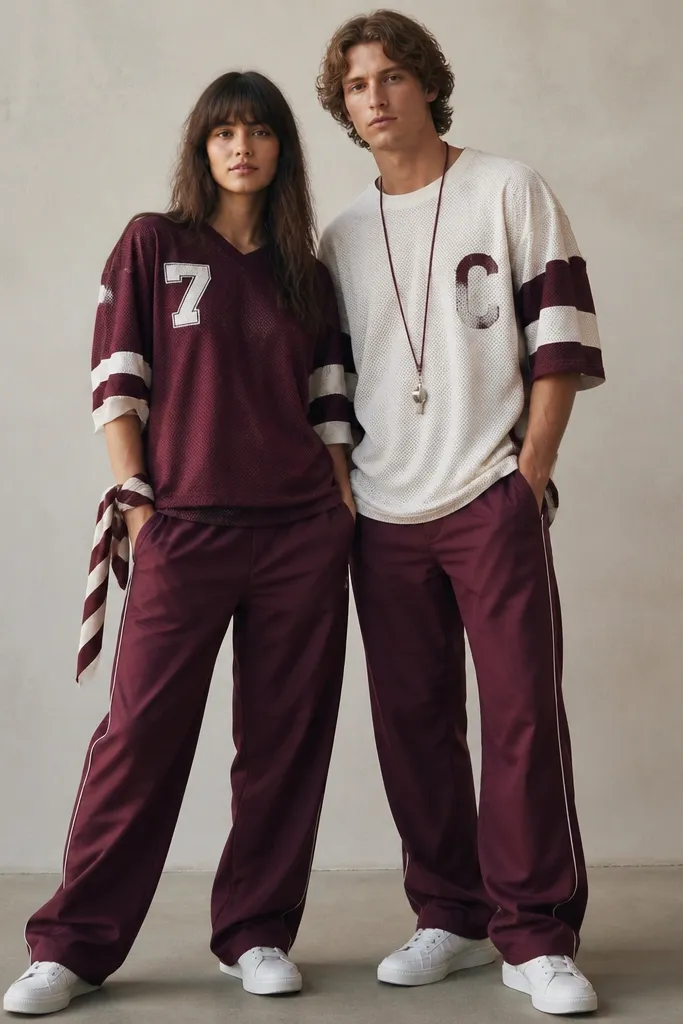 A couple in coordinated team captain outfits. Each wears a thrift jersey. One has a hand-painted captain patch on the chest and a whistle on a lanyard. The other has a stitched number patch and a striped scarf tied to the wrist. They wear matching track pants and sneakers with white soles.
