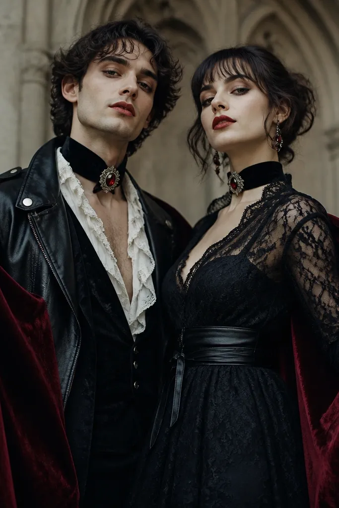 A couple dressed as vampires with a classy thrift twist. One wears a black leather jacket over a lace-trim shirt and has a velvet collar pinned at the neck. The other wears a dark lace dress with a faux leather belt and a matching velvet choker. Both have red-black makeup and hold small velvet capes made from thrift fabric.
