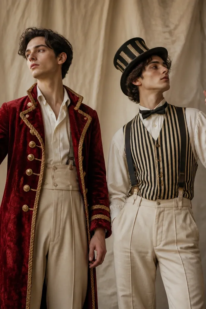 Two ringmaster looks made from thrift curtain fabric. One wears a long red velvet-like coat with gold trim made from braided rope. The other wears a black-and-cream striped vest with a bow tie and a small top hat. Both have matching suspenders and stand holding a pole prop wrapped in gold ribbon.