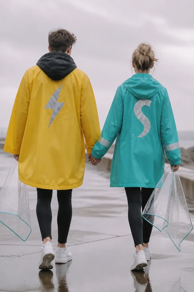 A couple in thrift raincoats. One coat is yellow with a black hood and has a stitched lightning logo made from reflective fabric. The other coat is teal with a white reflective "S" symbol on the back and glow tape running around the sleeves. They wear black leggings, white sneakers, and carry small capes made from clear plastic folder sleeves.