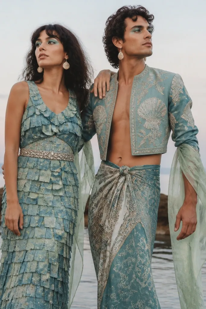 A couple wearing mermaid-inspired outfits. One has a thrift maxi dress covered in overlapping "scales" made from small cut fabric rectangles and a sparkly belt. The other wears a cropped jacket with scarf sleeves and a long tail-like wrap made from a patterned scarf. Both have seashell earrings and teal eye makeup.
