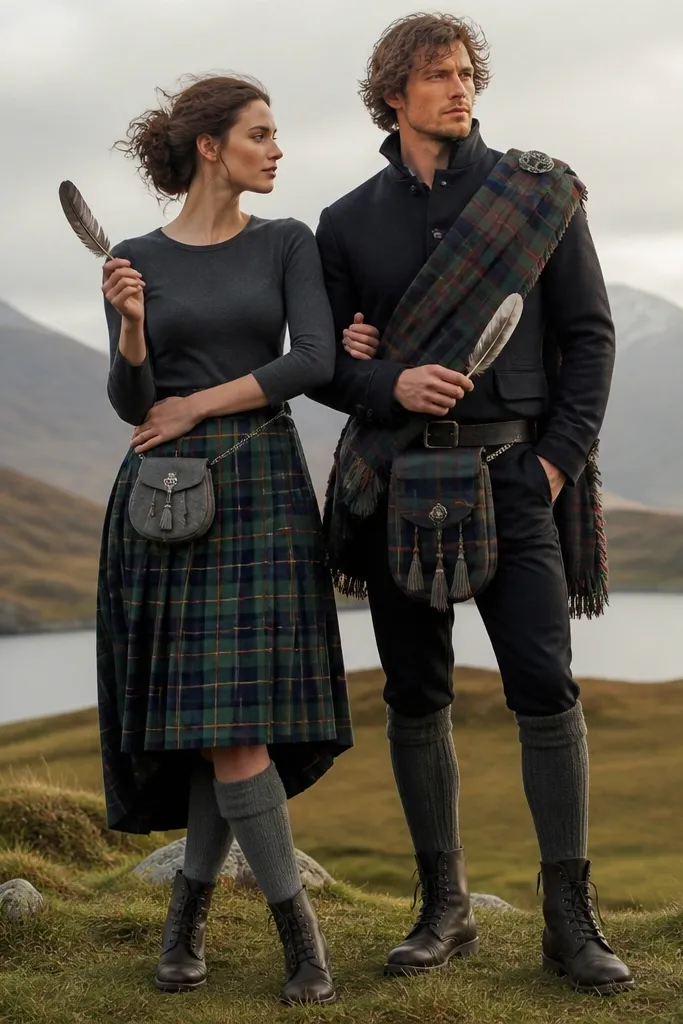 A couple dressed in tartan-inspired outfits. One wears a thrift tartan skirt with a fitted long-sleeve shirt and a small gray sporran bag at the hip. The other wears a tartan sash over a dark jacket and has a matching sporran pouch attached to a belt. Both wear knee-high socks and boots; they hold small feather props.
